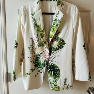Source Unknown White and Green Botanical Silk Blazer